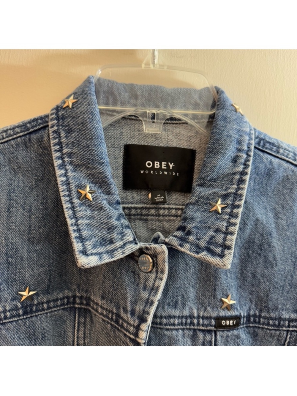 Obey Cropped Star Studded Blue Denim Jean Jacket Stardom Size Medium View 4